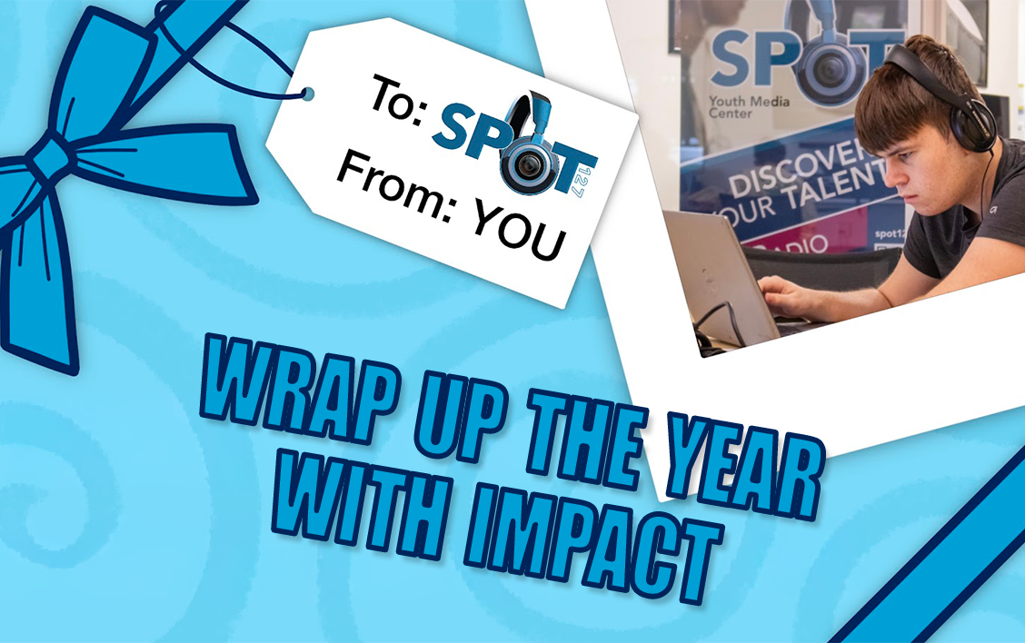 Graphic of a holiday gift wrap with the text 'Wrap up the year with impact'.
