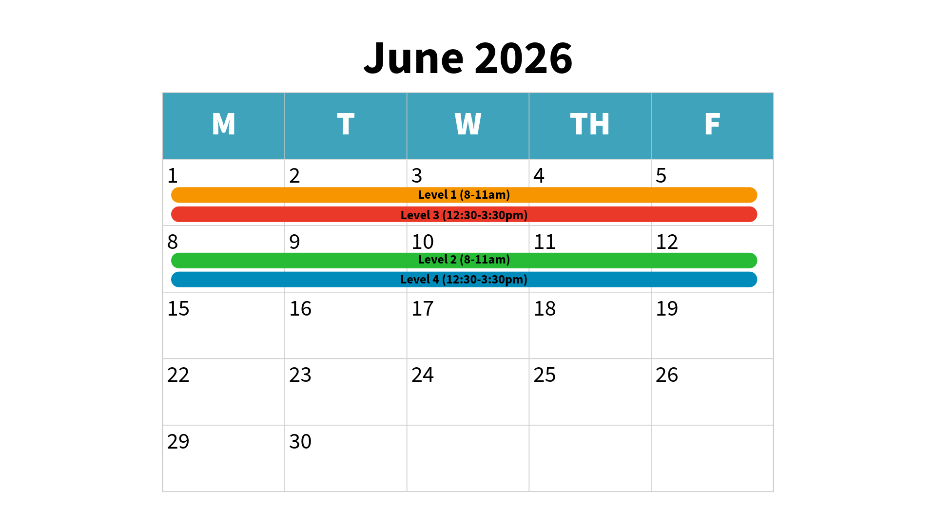 graphic of a calendar page for June 2026 with the course dates listed above highlighted with color bars 