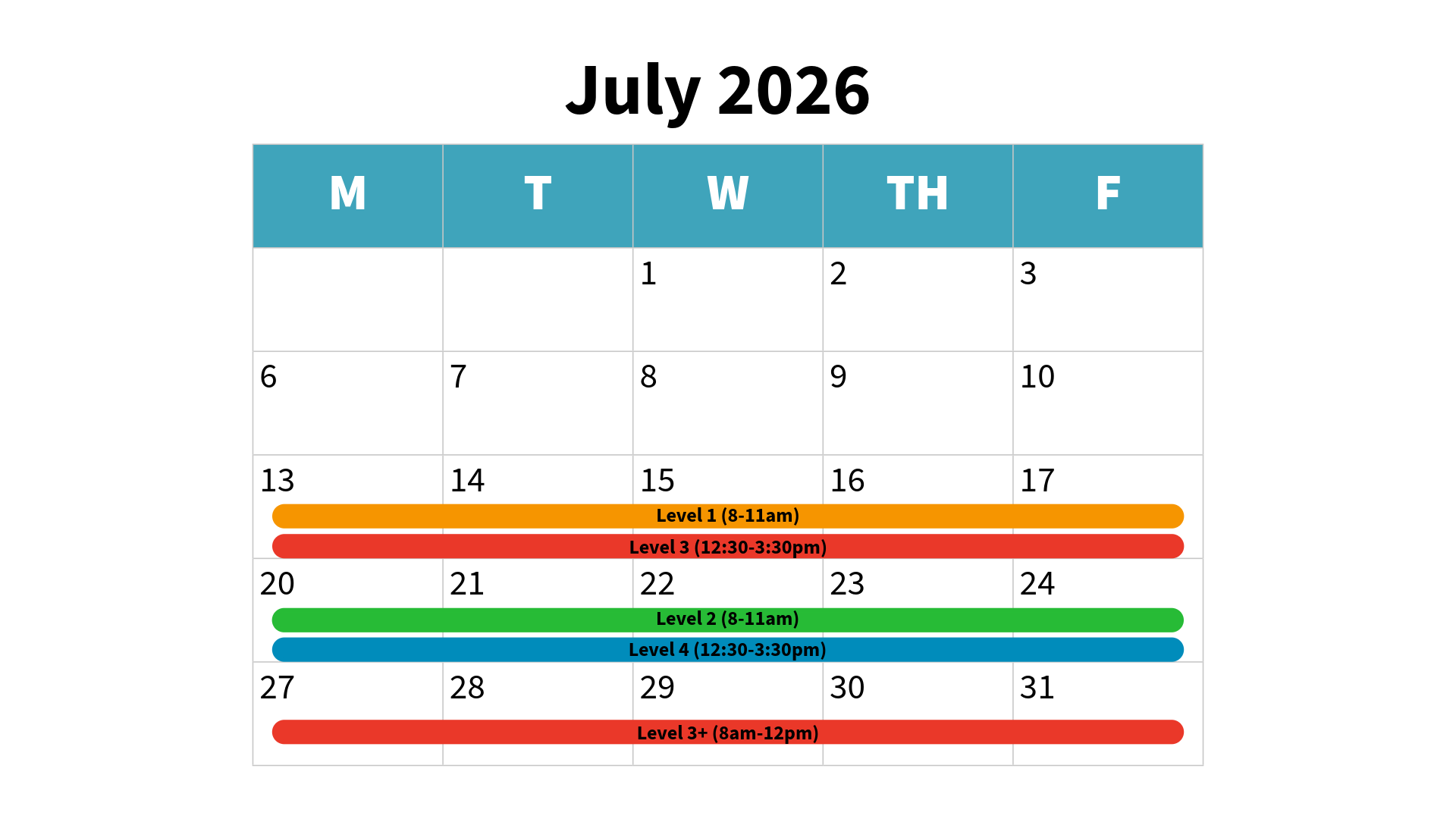 graphic of a calendar page for July 2026 with the course dates listed above highlighted with color bars 