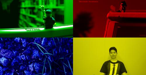 Image of 4 photographs captured by students arranged in quadrants with primary color overlay.